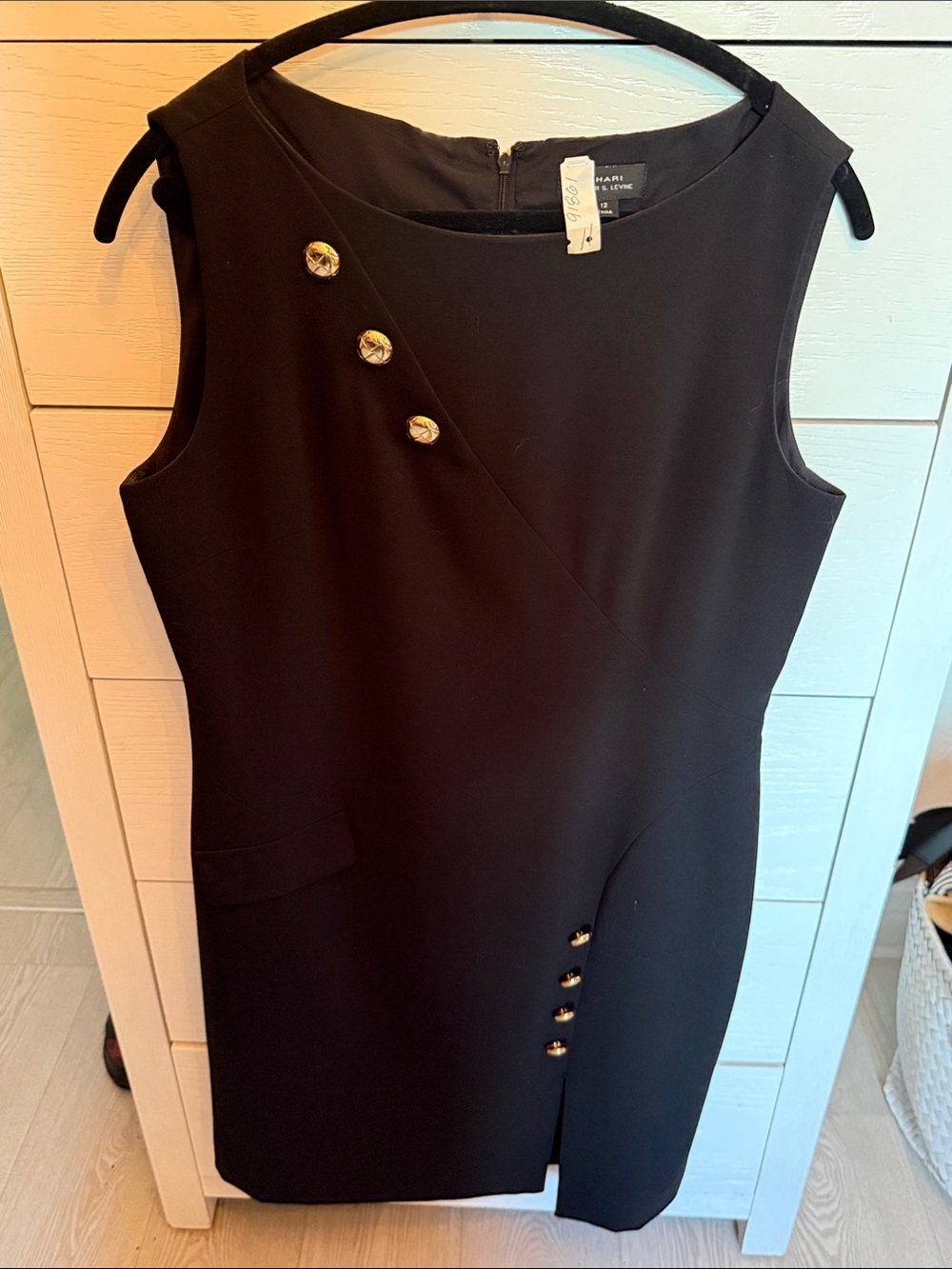 Sleeveless Black Dress with Decorative Gold Buttons